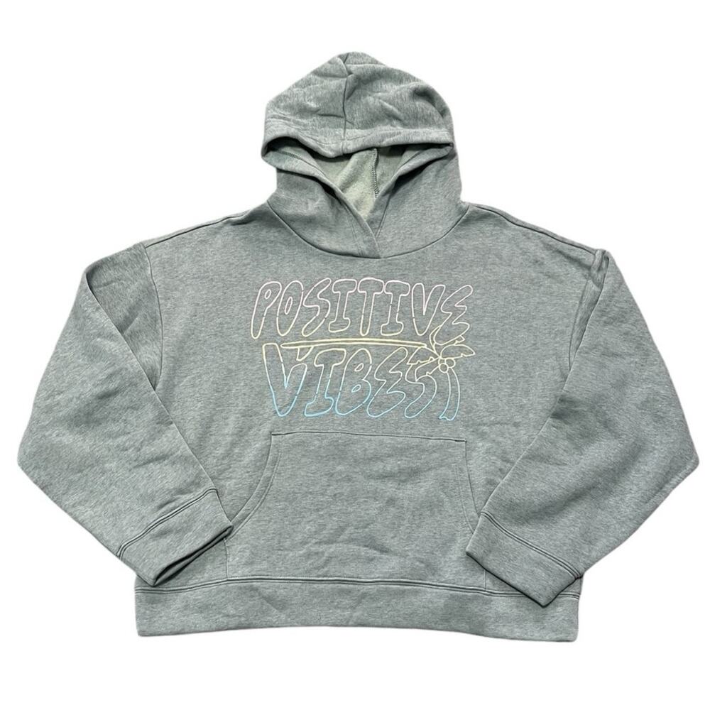 Old Navy Girls Positive Vibes Fleece Heathered Green Hooded Sweatshirt XXL NWT